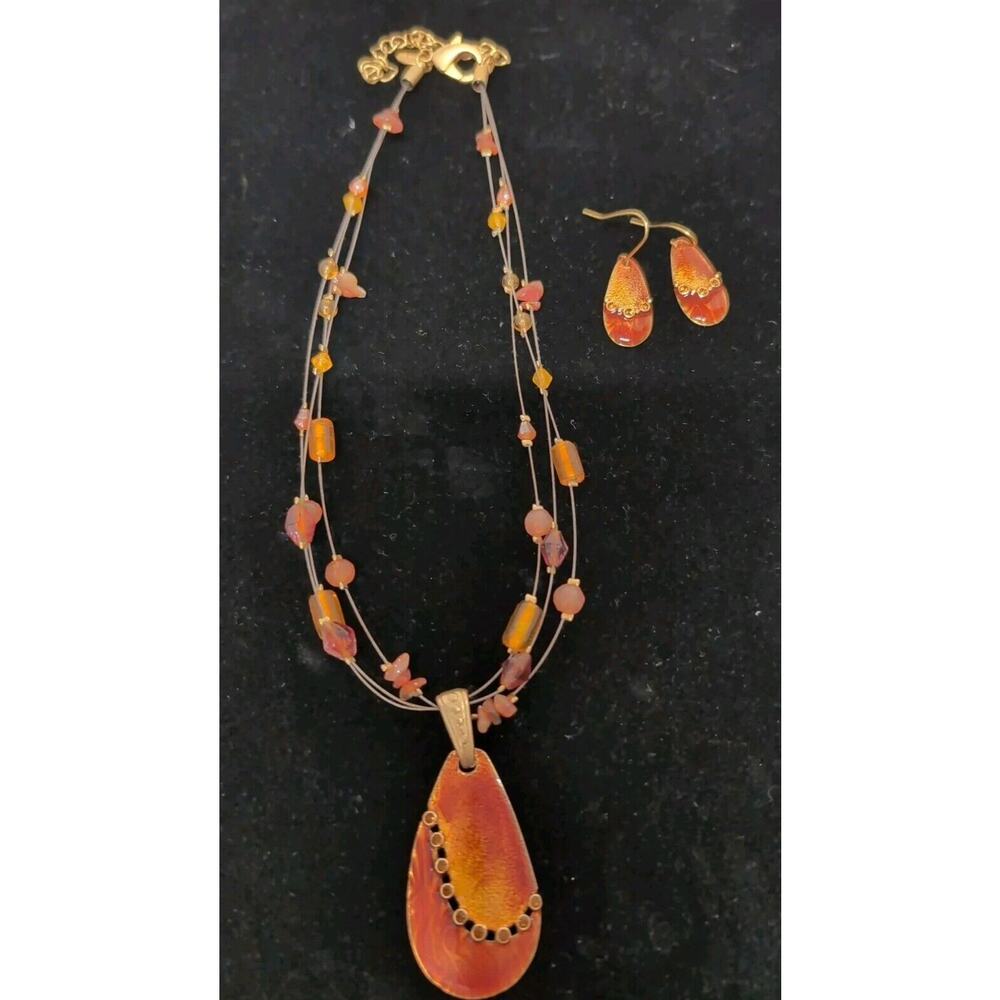 Chicos Orange Beaded Necklace With Earrings